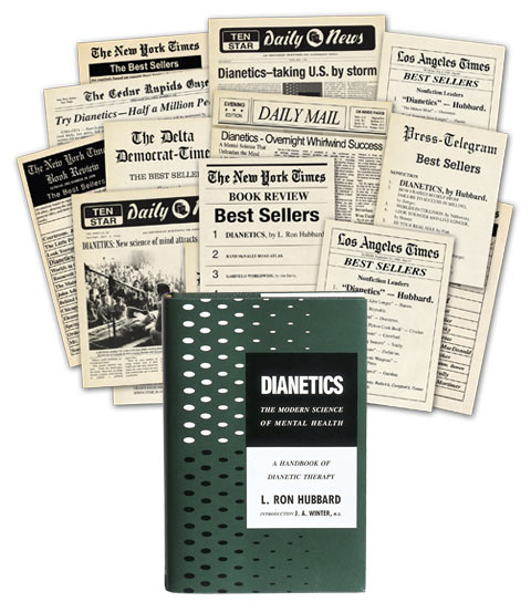 First Edition of Dianetics: The Modern Science of Mental Health with newspaper articles